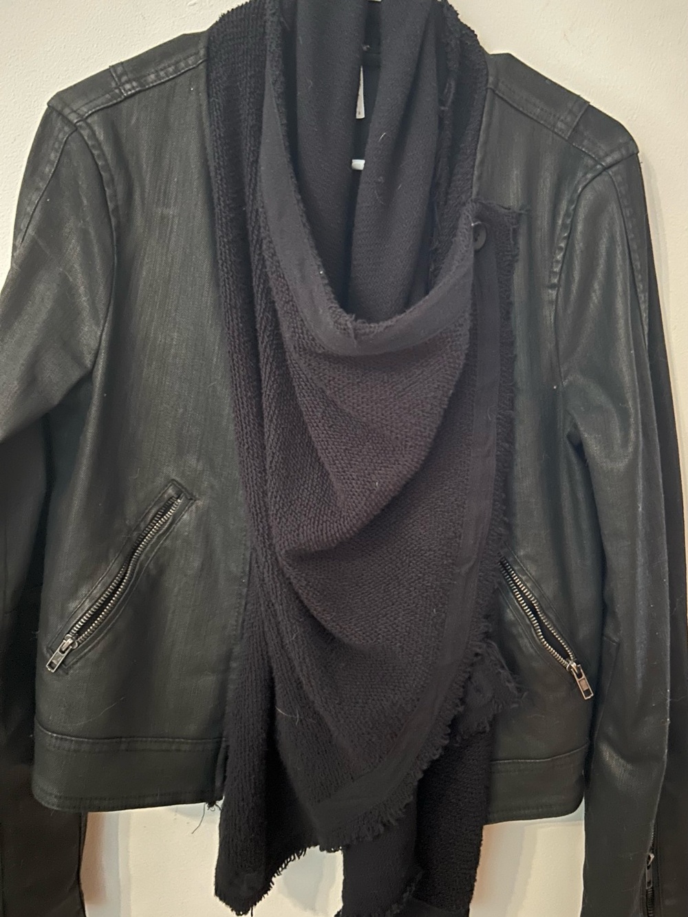 Free People Drape Front Coated Denim Moto Jacket Small EUC